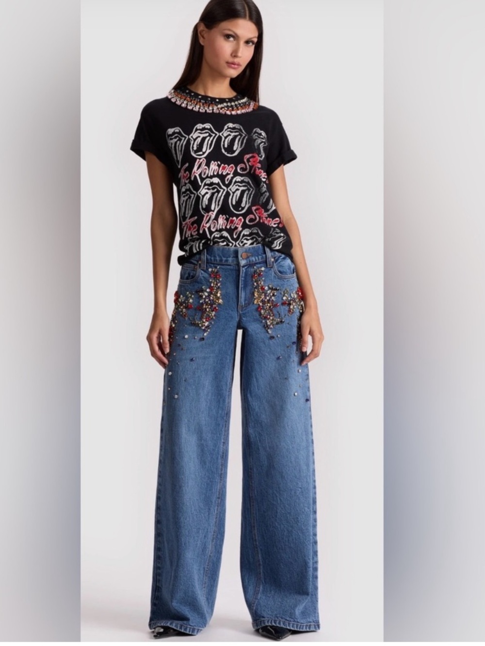Alice + Olivia Mid-Blue Wide-Leg Jeans with Crystal Embellishments